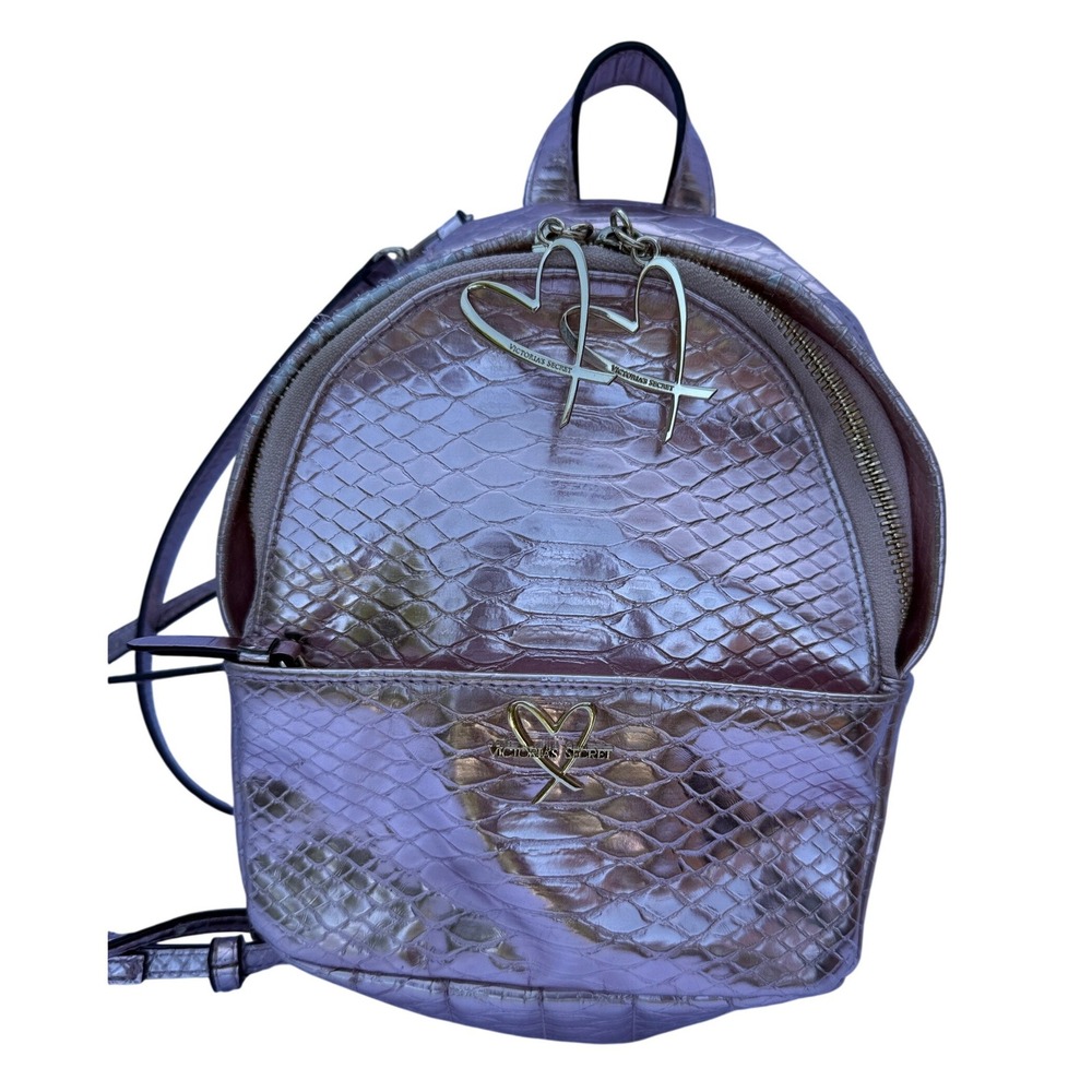 Victoria's‎ Secret Metallic Pink Snakeskin Mini Backpack Gold Heart Detail Bag